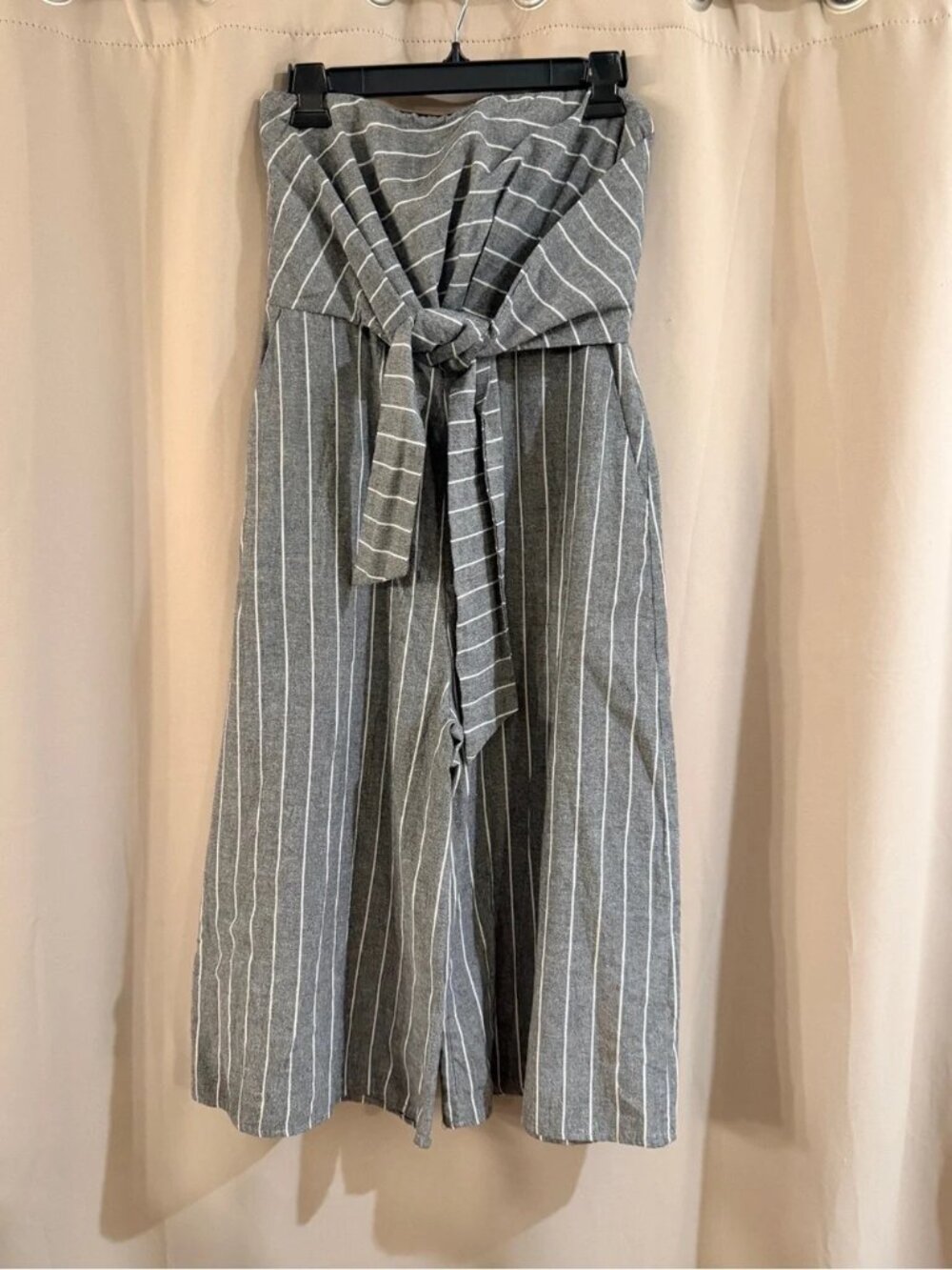 Striped Grey Wide-Leg Tie-Waist Jumpsuit